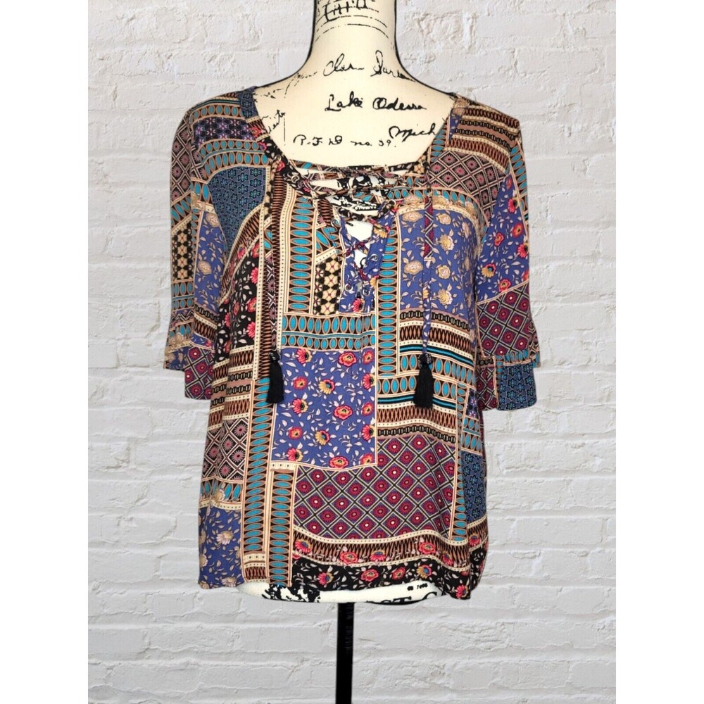 American Eagle Boho Patchwork Peasant Blouse Womens XS Oversized Lace Tie Front
